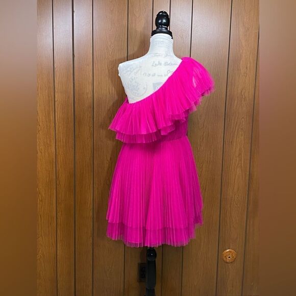 ML Monique Lhuillier One-Shoulder Tulle Pink Cocktail Dress size 10 - Picture 8 of 11